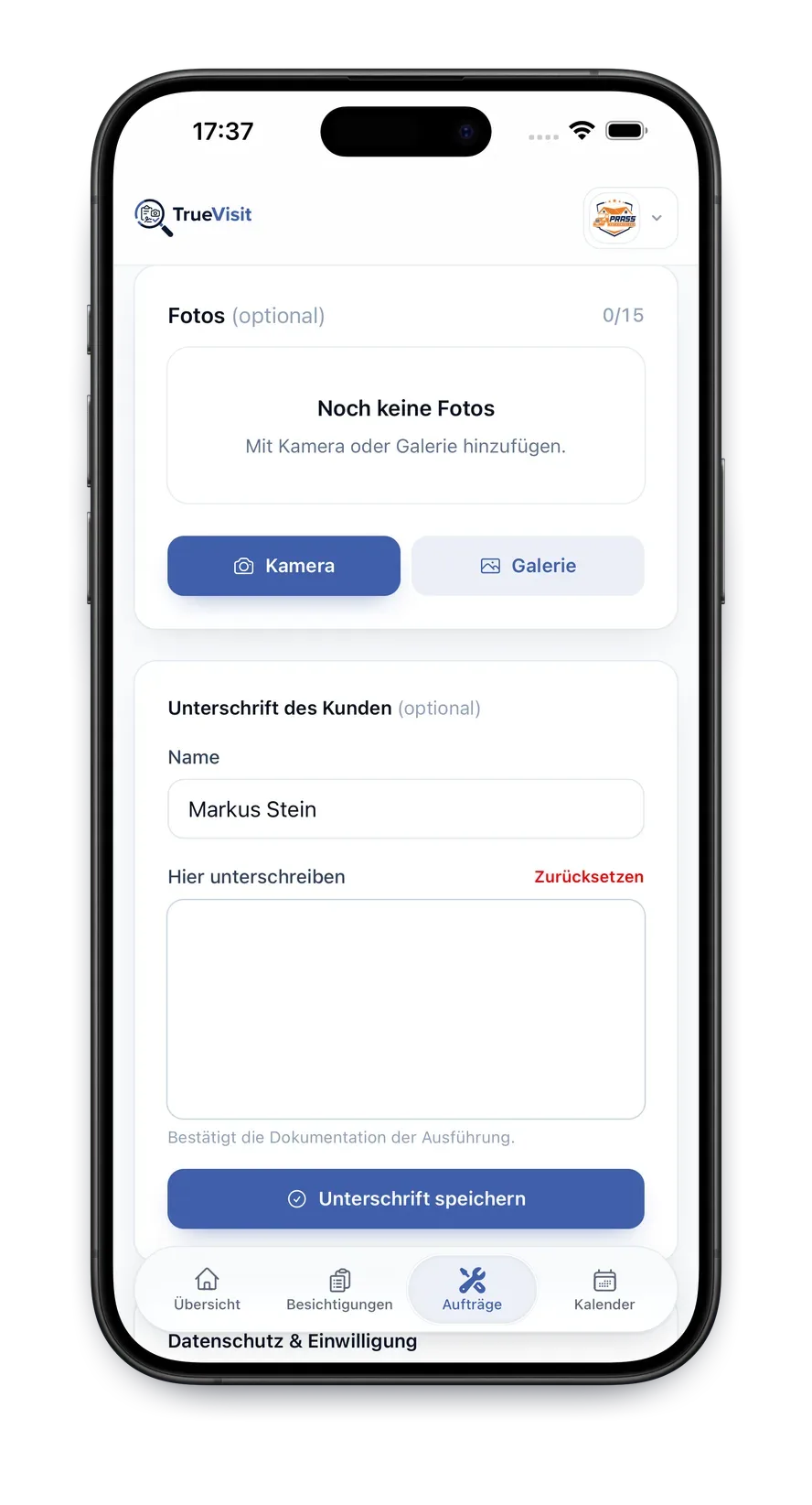 TrueVisit App: Abschlussprotokoll mit Unterschrift des Kunden