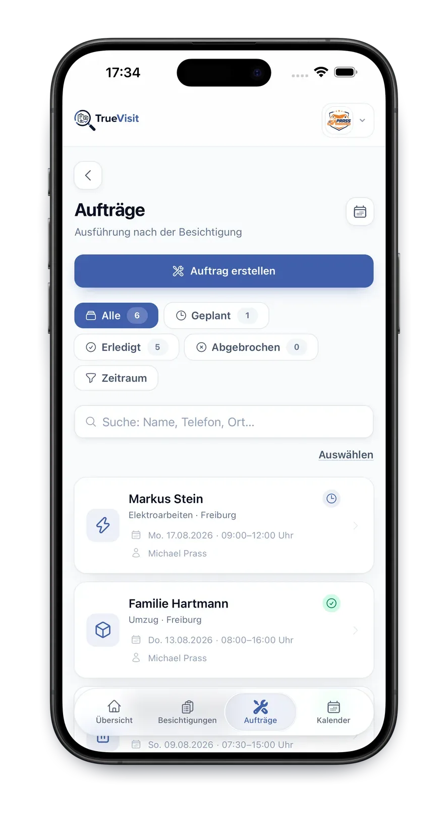 TrueVisit App: Auftragsübersicht mit Filtern nach geplant, erledigt und Zeitraum