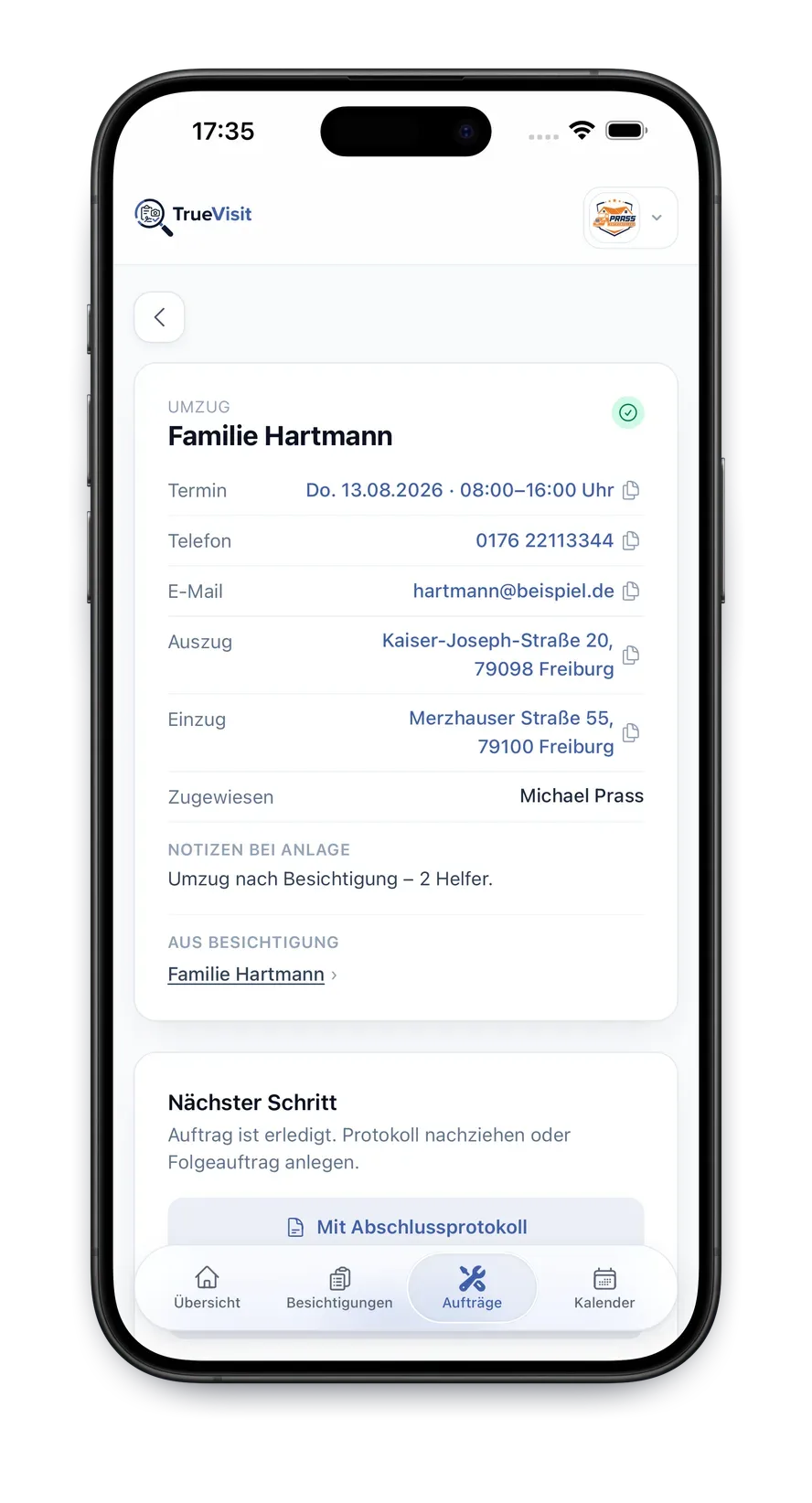 TrueVisit App: Auftrag mit allen Details und Fotos