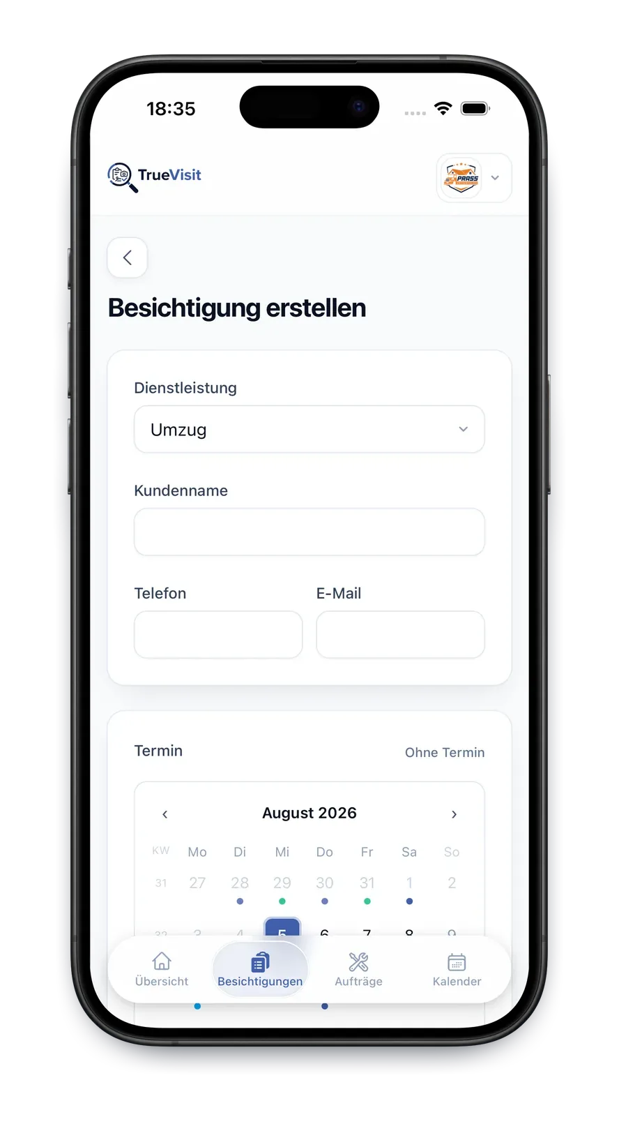 TrueVisit App: neue Besichtigung mit Kundendaten und Termin anlegen