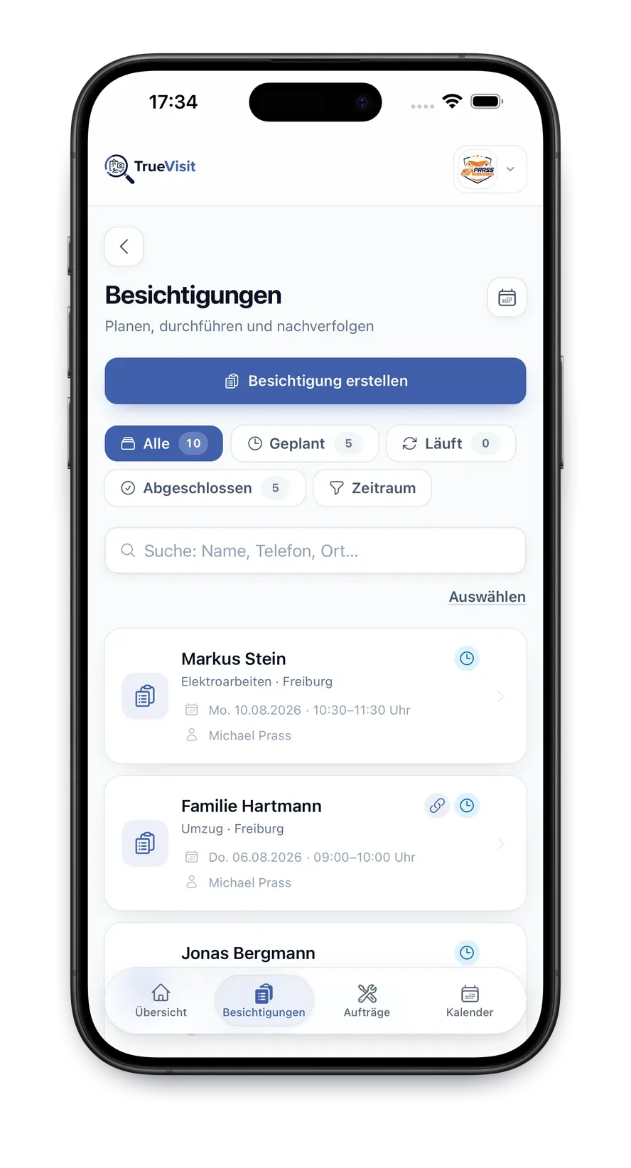 TrueVisit App: Liste aller Besichtigungen mit Status