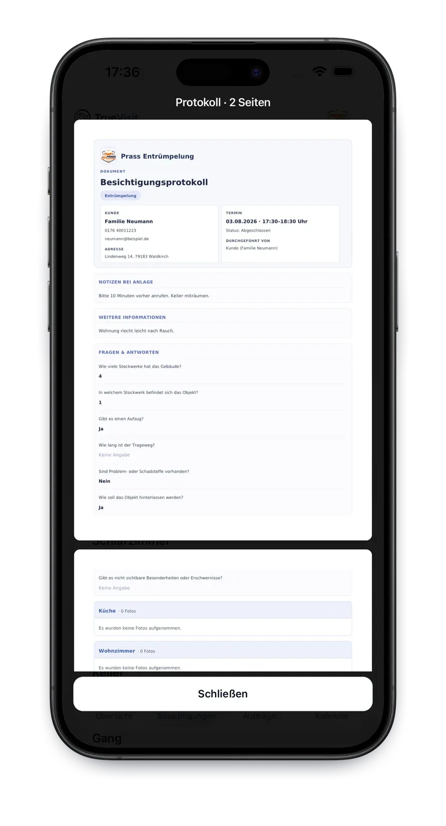 TrueVisit App: fertiges Besichtigungsprotokoll als PDF