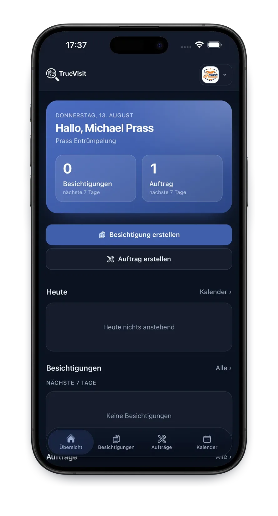 TrueVisit App im Dark Mode: Dashboard mit Besichtigungen und Aufträgen