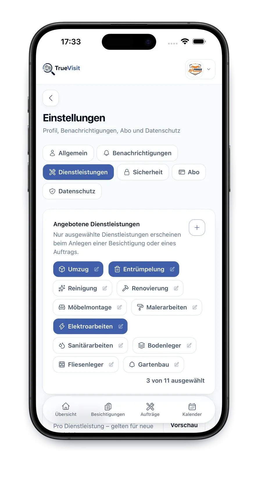 TrueVisit App: Dienstleistungen pro Gewerk auswählen – von Umzug über Elektroarbeiten bis Gartenbau