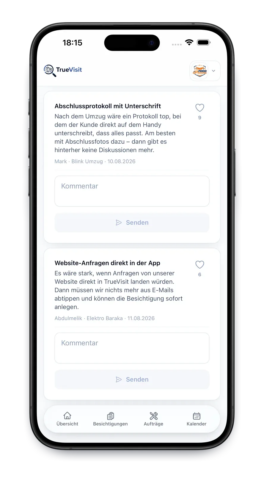 TrueVisit App: Feedback-Board mit Funktionswünschen anderer Betriebe und Herz-Bewertungen