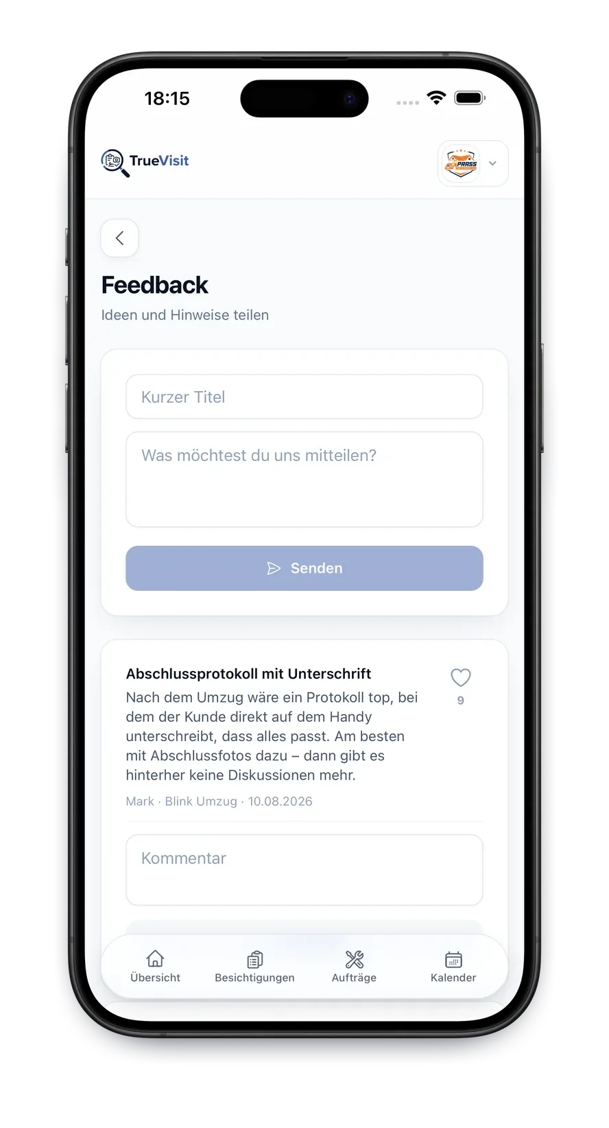 TrueVisit App: Formular, um einen neuen Funktionswunsch im Feedback-Board einzureichen