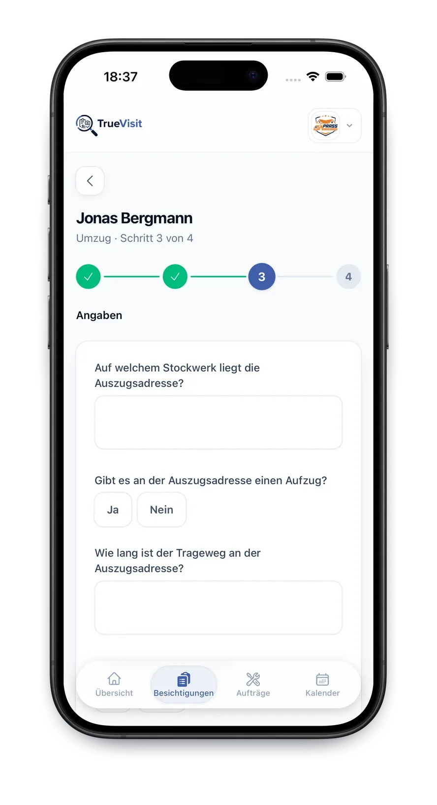 TrueVisit App: Fragen passend zur Dienstleistung beantworten