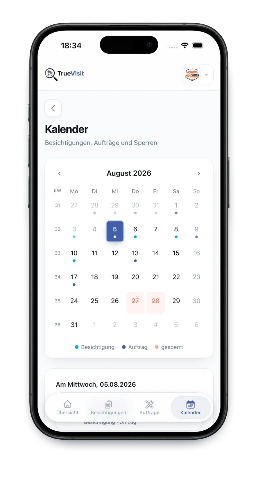 Team-Kalender mit farbigen Terminen
