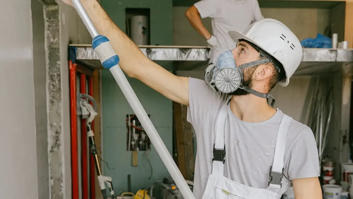 Maler streicht eine Wand mit der Farbrolle