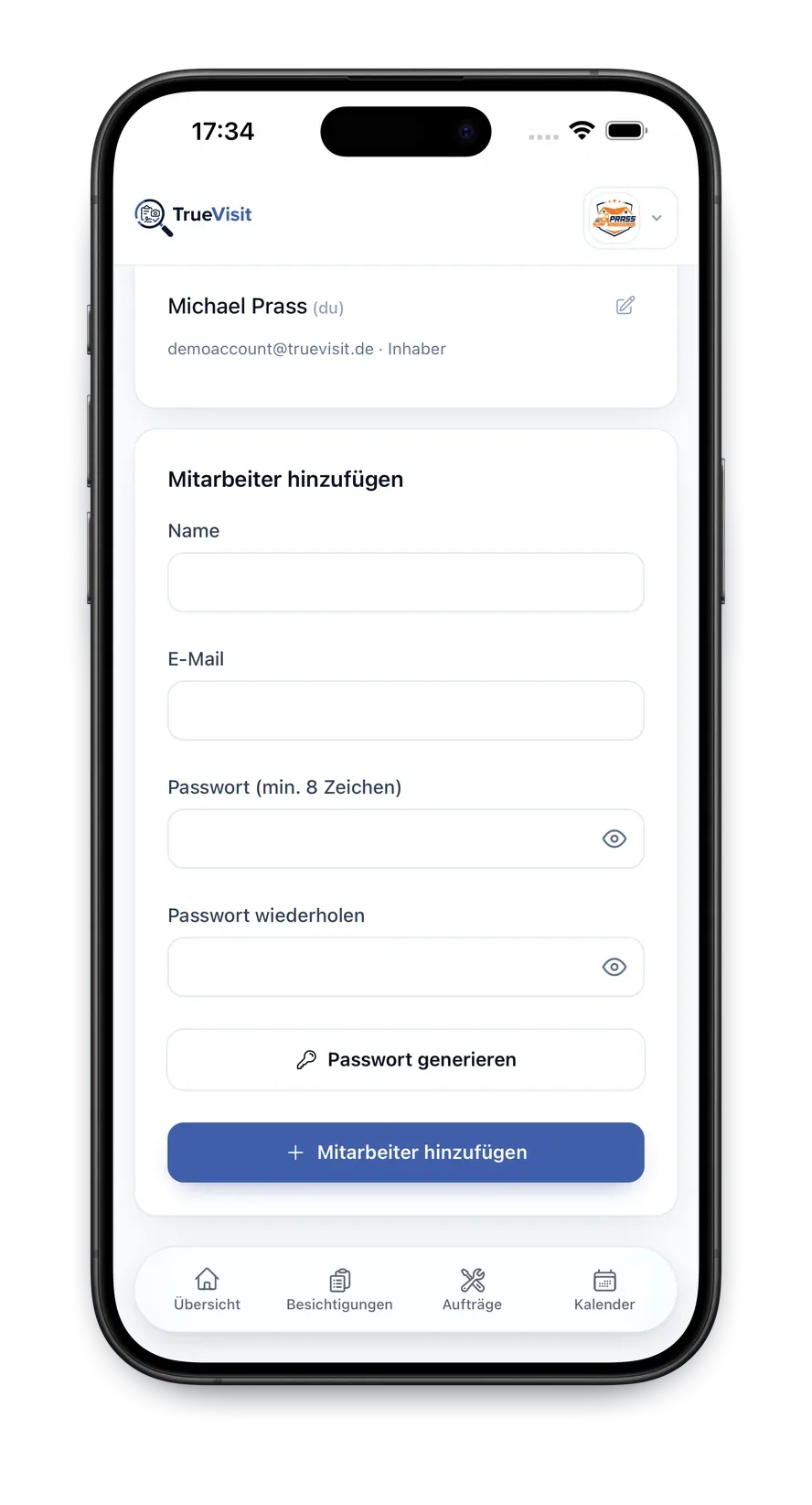 TrueVisit App: Mitarbeiter hinzufügen mit Name, E-Mail und eigenem Zugang