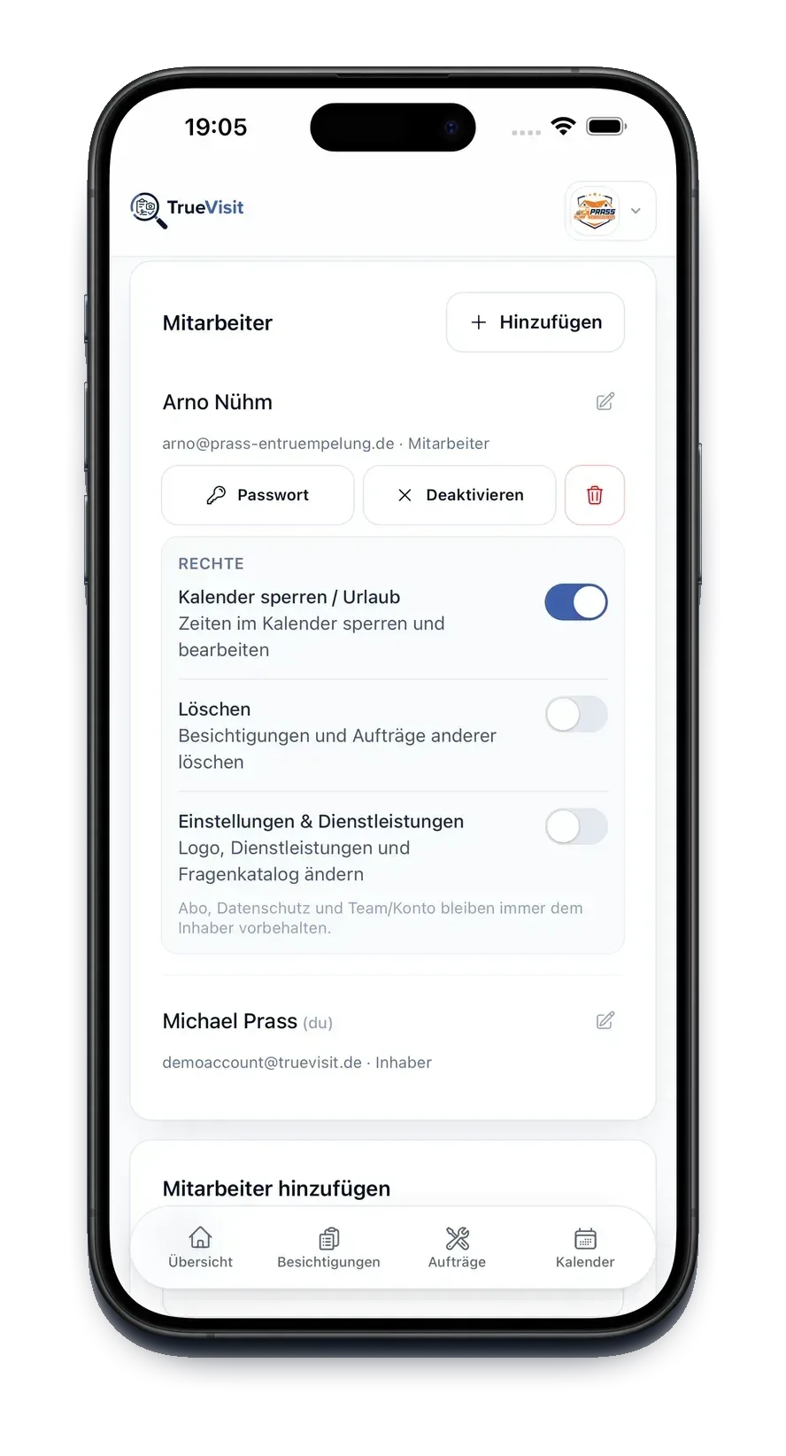 TrueVisit App: Rechte pro Mitarbeiter einstellen – Kalender sperren, Löschen, Einstellungen