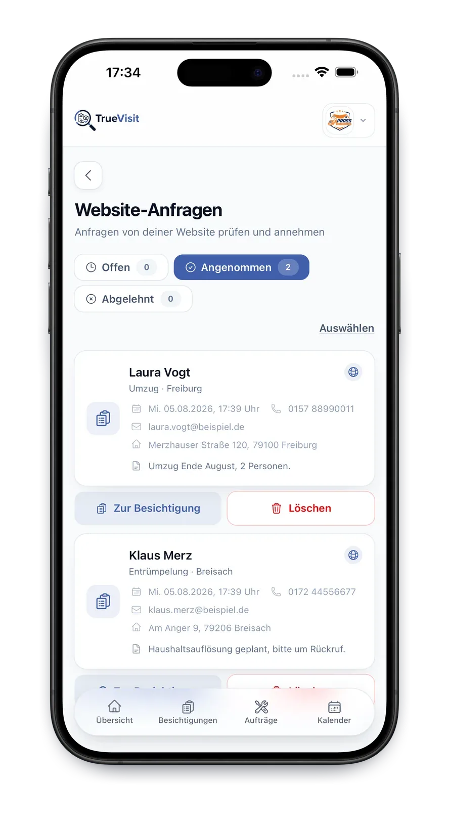 TrueVisit App: Website-Anfragen prüfen und annehmen – Anfragen von der eigenen Website in der Übersicht