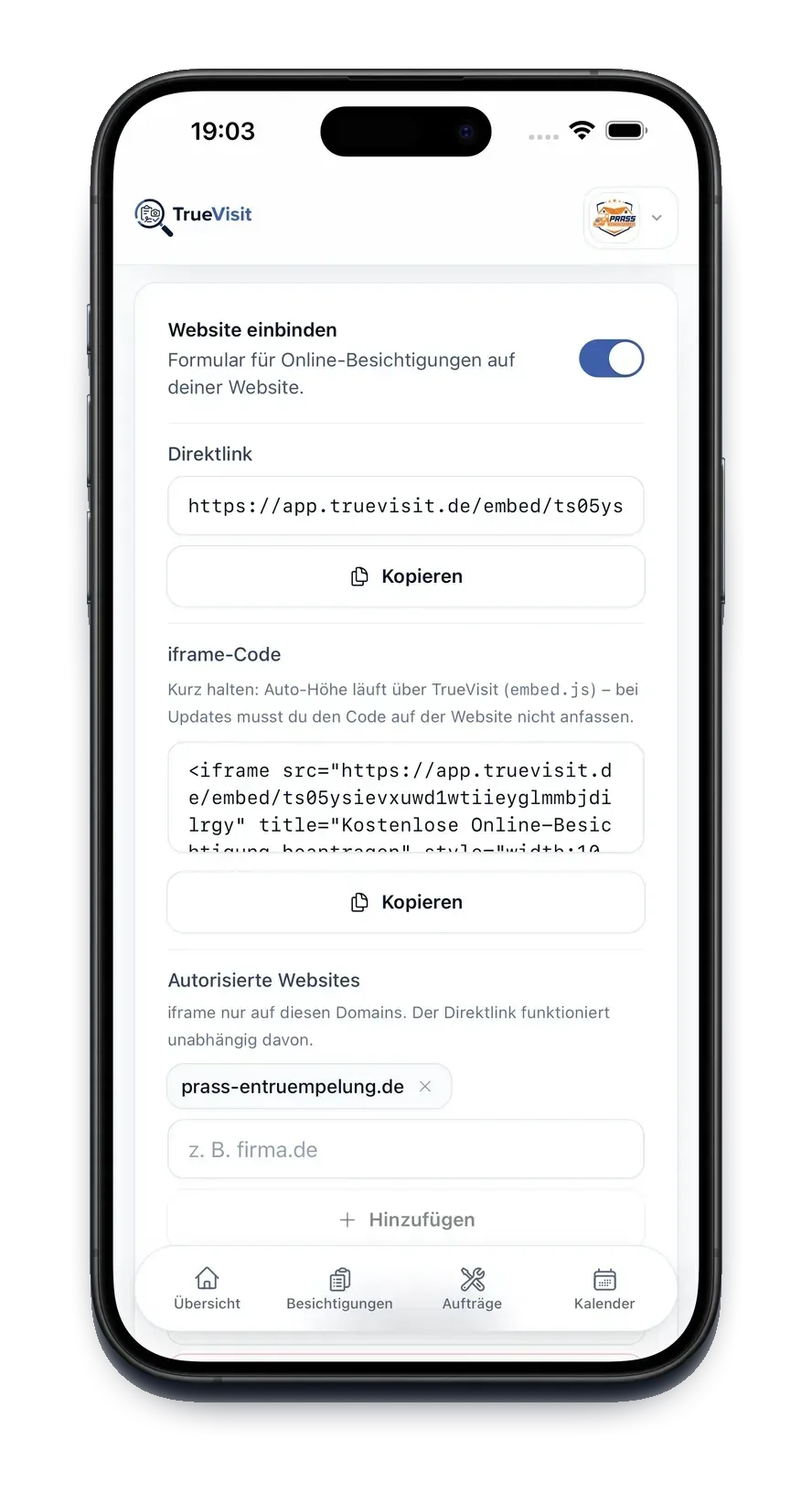 TrueVisit App: Einstellungen der Website-Einbindung mit Direktlink, iframe-Code und autorisierten Websites