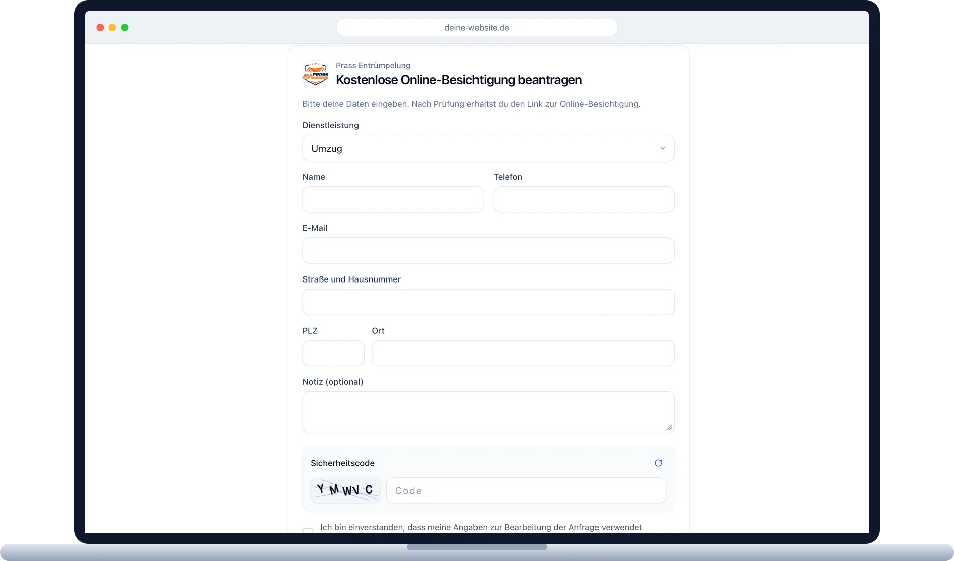 Das TrueVisit-Anfrageformular eingebunden auf einer Handwerker-Website, dargestellt im Browser auf einem MacBook